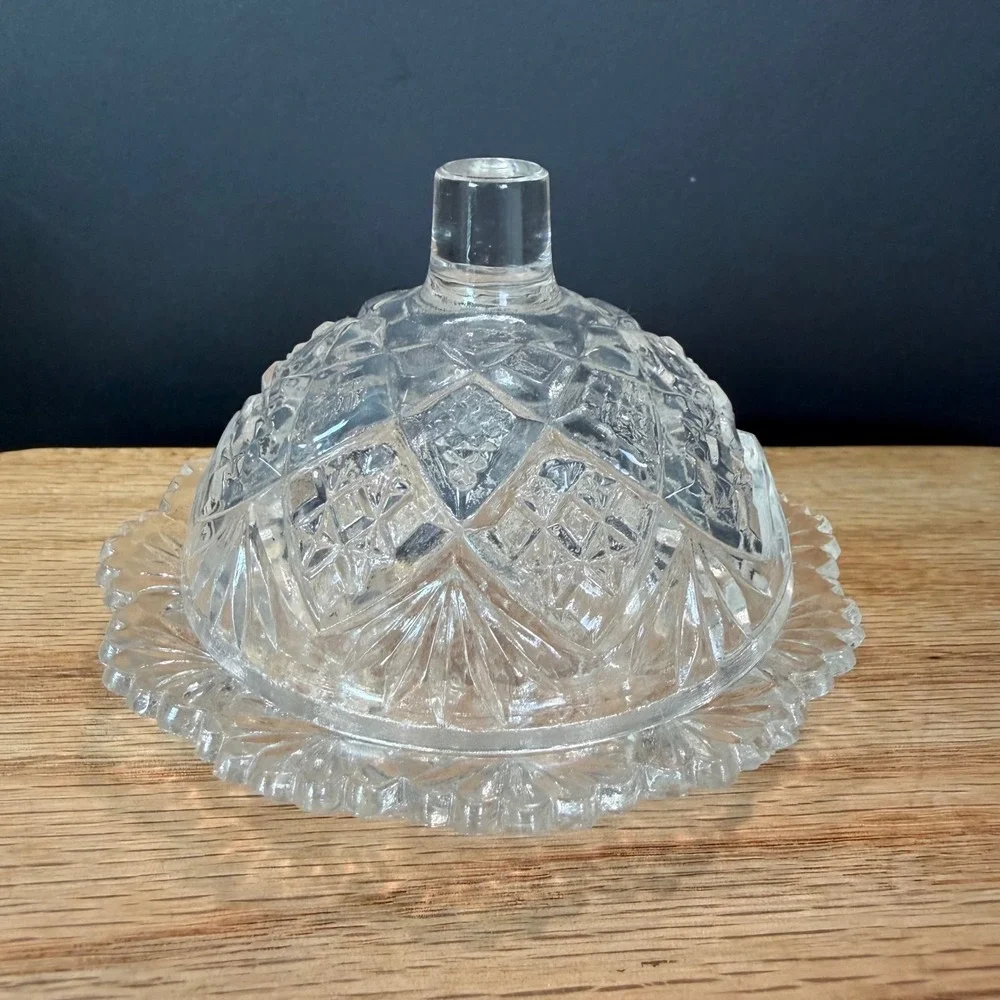 Vintage Miniature Clear Pressed Glass Covered Butter Pat Dish Diamond & Sunburst